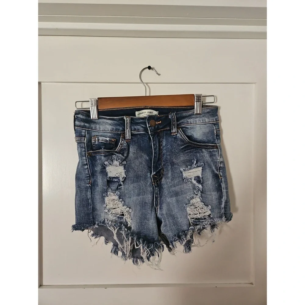 Hammer Jeans High Waisted Denim Shorts Womens Size M Blue Destroyed Frayed Hem
